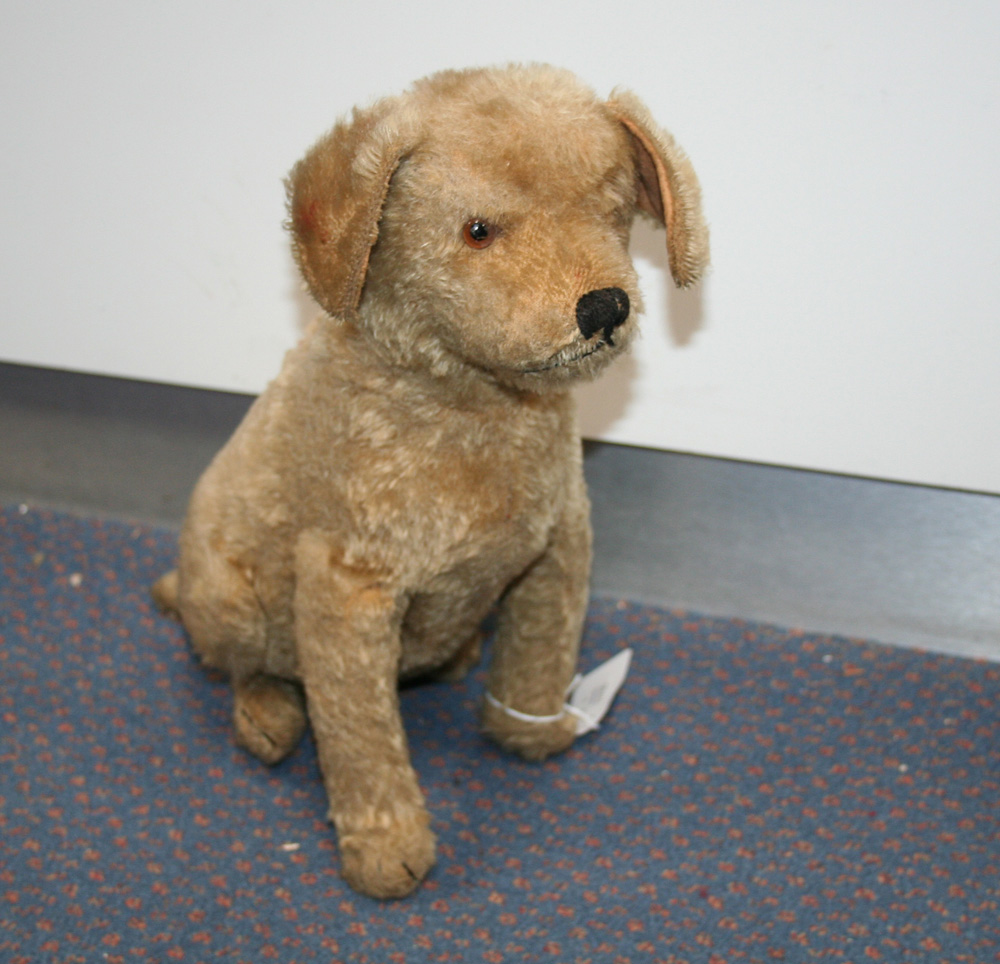 A Steiff mohair seated dog, 1920s, with amber and black eye and stitched snout and claws, height