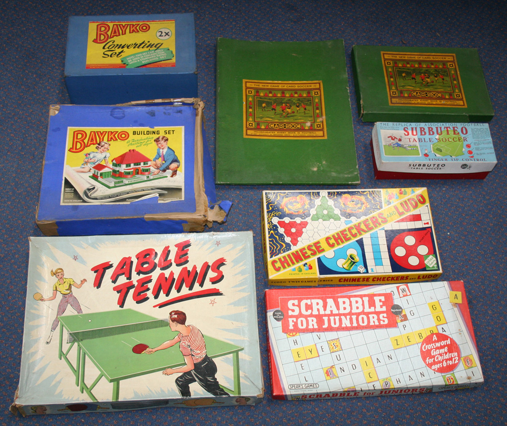 A Bayko building set, a converting set, Scrabble and other games (unchecked, boxes creased, torn and