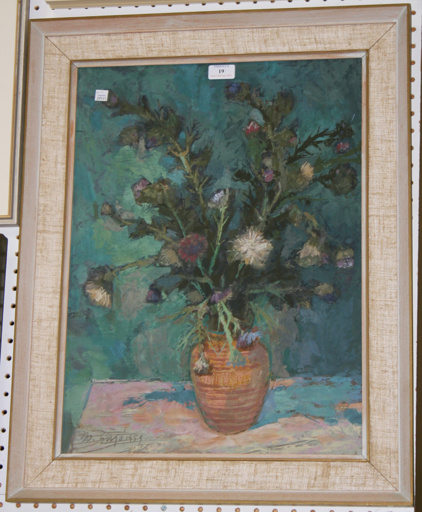 Gyula Sajo - `Thistle` (Still Life Study of Thistles in a Vase), oil tempera on board, signed and