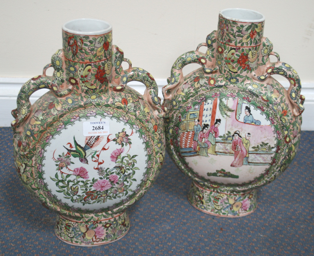 A pair of late 20th Century Canton style porcelain moonflasks, height approx 35cm, and a pair of