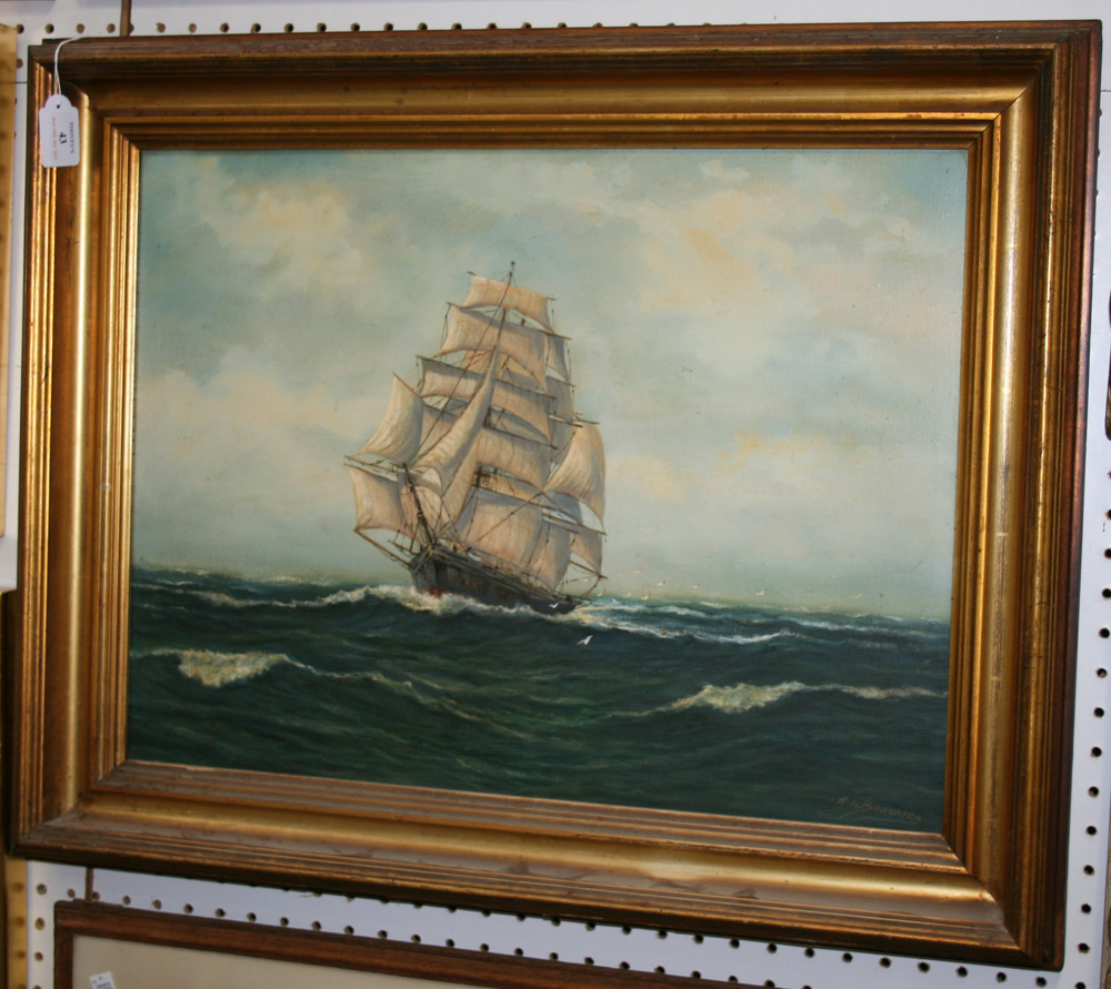 H. Braunston - `Clipper Ship, the Lightning`, oil on canvas, signed recto, titled verso, approx 44cm