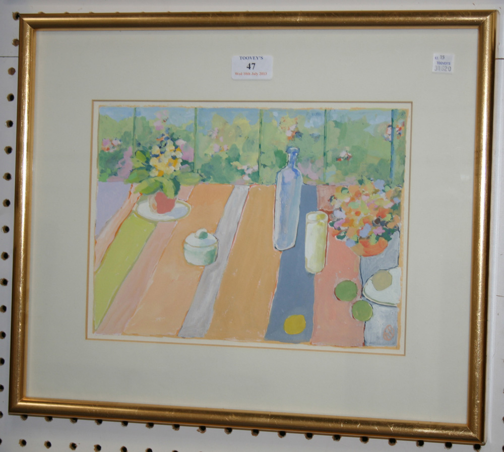 Mollie Binfield - `The Pink Room` and `The Garden Path`, two gouaches, both signed with monogram