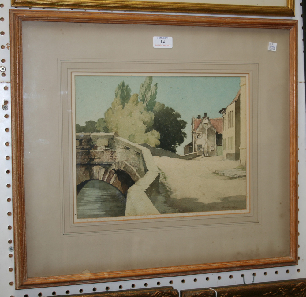 Bertram Nicholls - `Bruges`, watercolour, signed and dated 1954 recto, titled label verso, approx