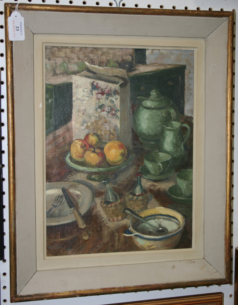 Attributed to Mary Benbow - Still Life Study of a Breakfast Table, oil on canvas laid on board,