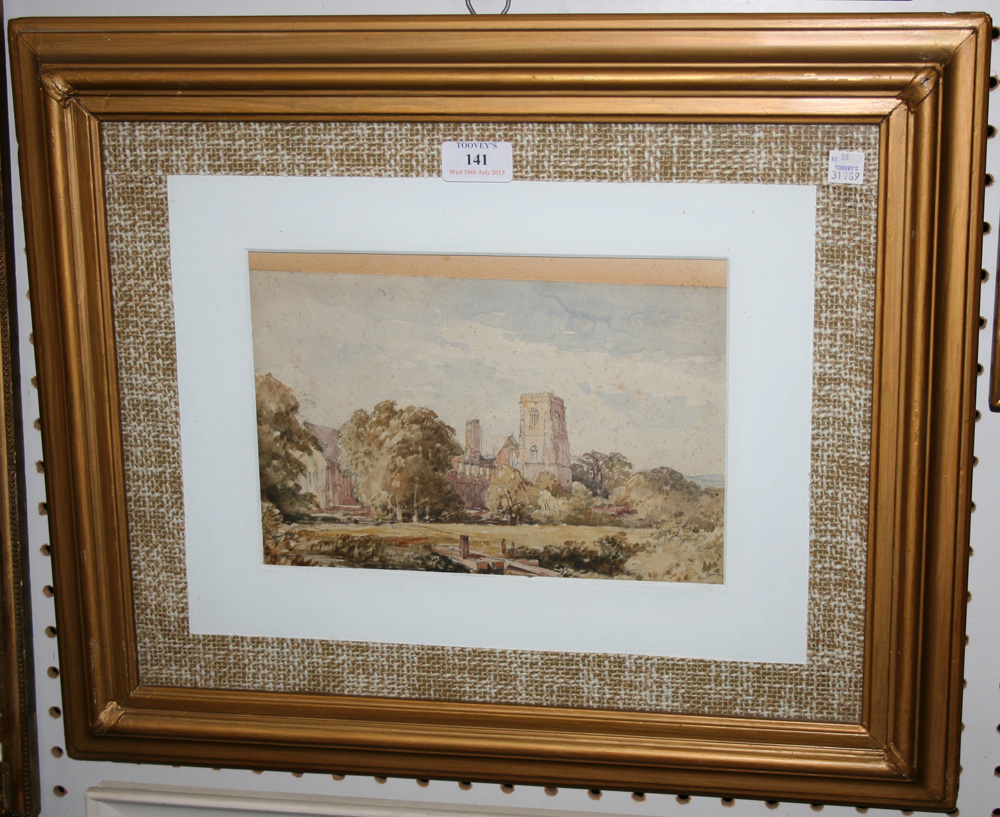 Circle of David Cox - View of a Tower and Ruined Abbey, 19th Century watercolour with pencil, approx