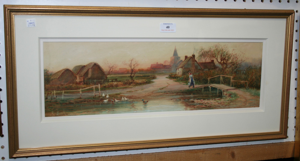 Sophia Sinclair - View of a Village with a Milkmaid walking past a Pond, watercolour, signed, approx