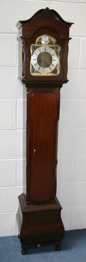 A 20th Century mahogany diminutive longcase clock with eight day movement chiming on gongs, the