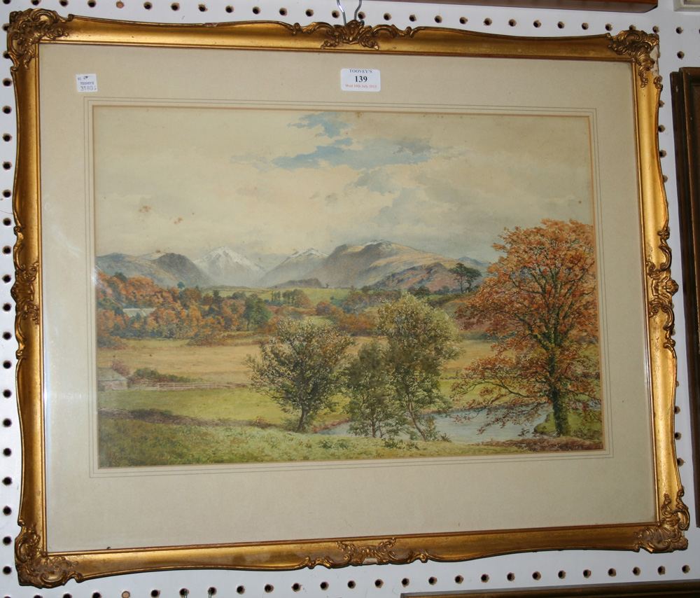 W. Robinson - View across Farmland towards Snow-capped Mountains, watercolour, signed and dated