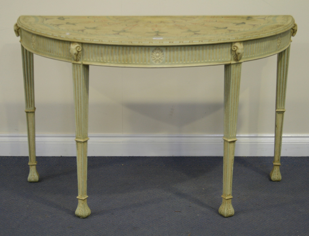 A 20th Century George III style painted demi-lune side table, the top decorated with bands of swags,