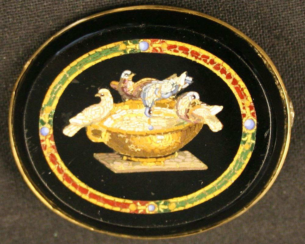 A gold mounted oval micro-mosaic brooch designed as Pliny`s Doves of Venus (faults).