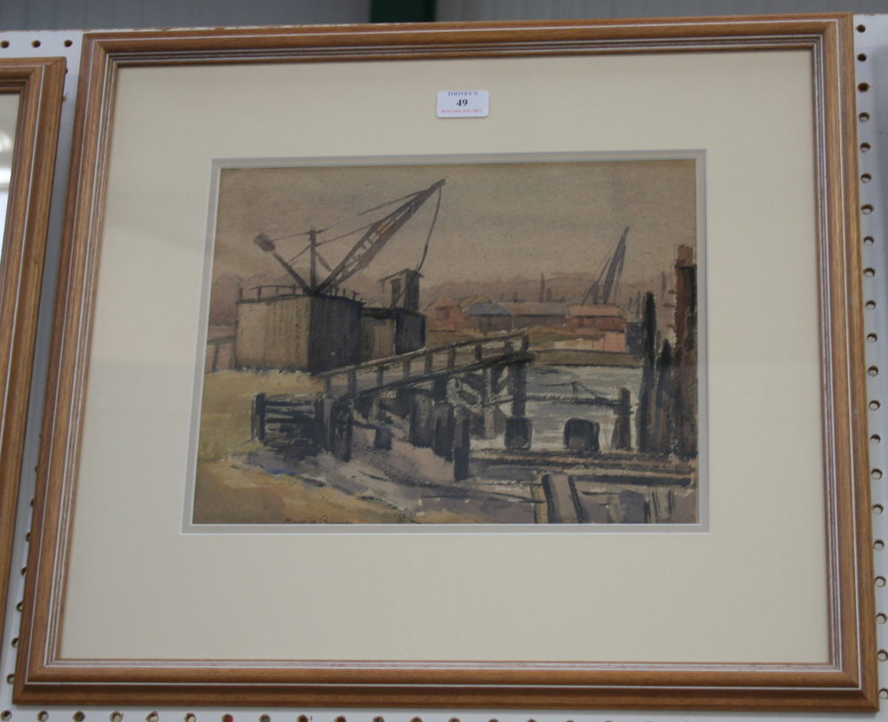 Maurice Barnes - `The Old Shipyard`, mid-20th Century watercolour with ink and pencil, signed recto,