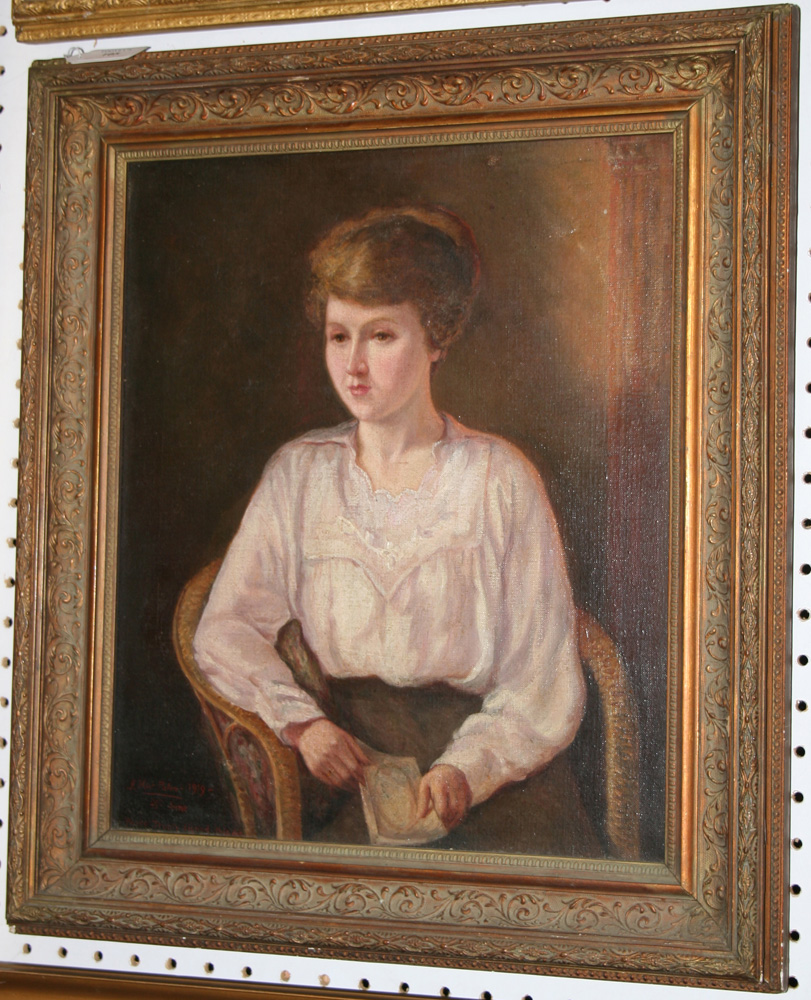 J. Moir-Paton - Half Length Portrait of a Lady seated in a Chair, oil on canvas, signed and dated