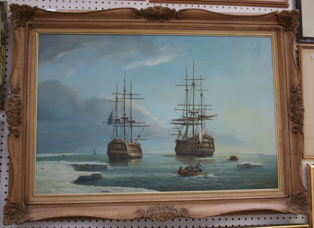Anthony Brandrett - Study of the Victory and another Ship in Icy Waters, 20th Century oil on canvas,
