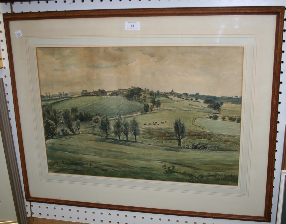 A.J. Peachey - `Landscape, Winchelsea`, watercolour, signed and dated `61 recto, titled label verso,