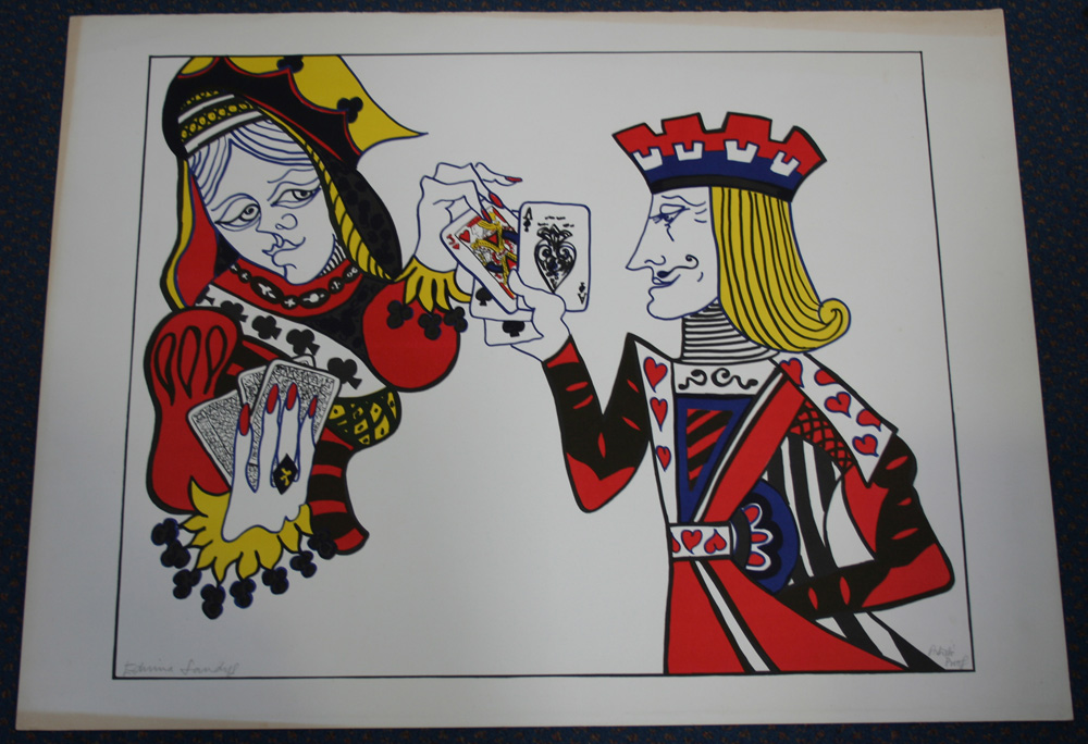 Edwina Sandys - Card Players, colour lithograph, circa 1974, signed and inscribed `Artist`s Proof`