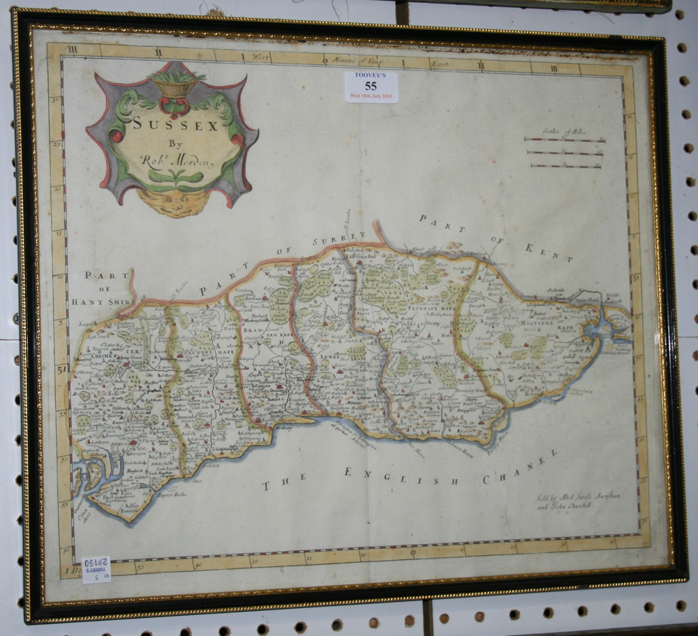 After Robert Morden - `Sussex` (Map of the County), 18th Century engraving with later colour, approx