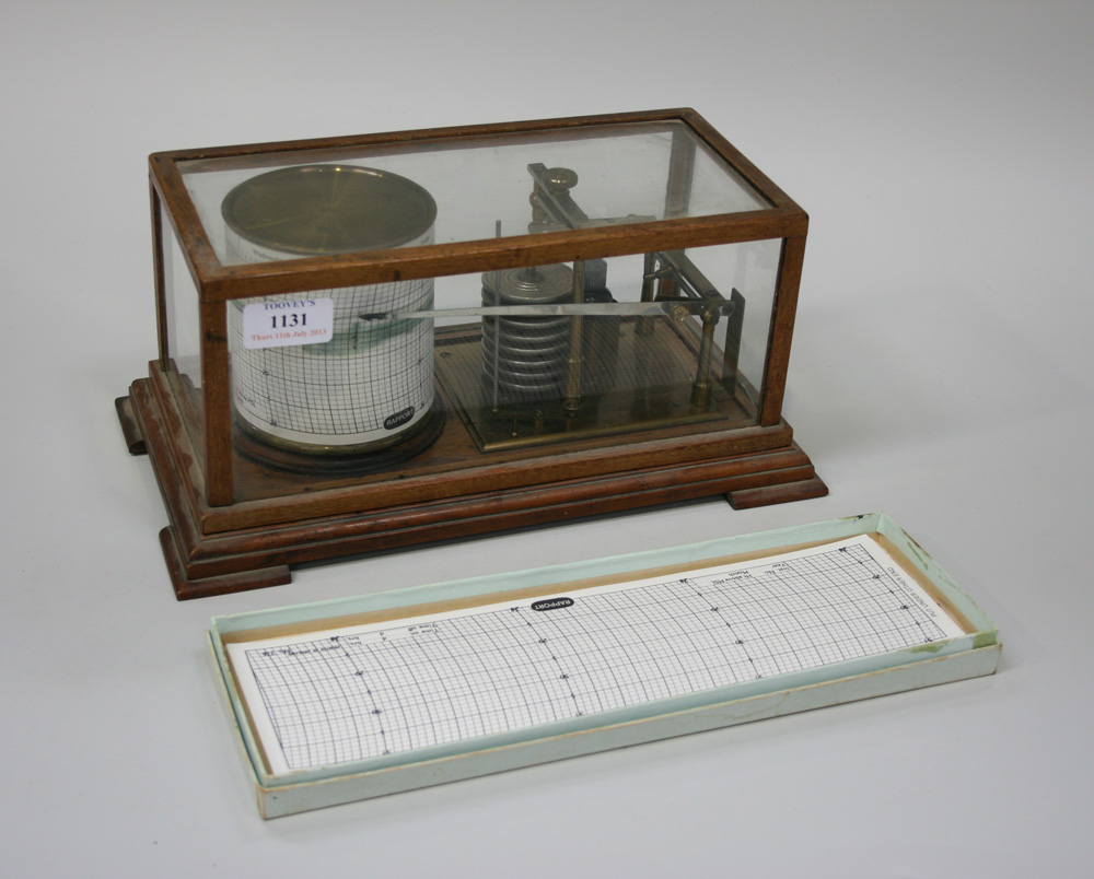 An early 20th Century oak cased barograph with lacquered brass mechanism inscribed `Ross, London`