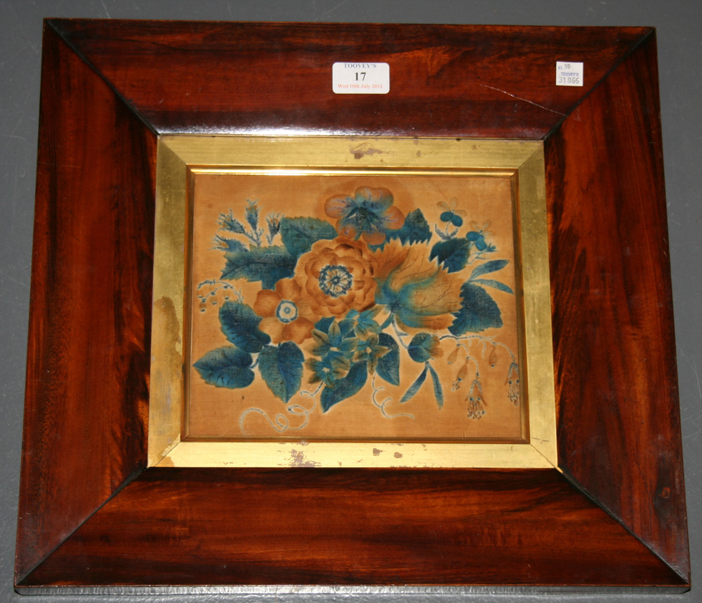 An early/mid-19th Century watercolour on velvet, Study of Flowers, approx 18cm x 21cm, within a