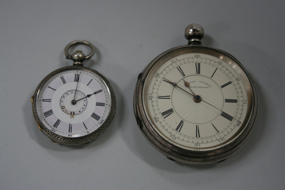 A silver cased open-faced stop seconds gentleman`s pocket watch, the gilt jewelled movement detailed