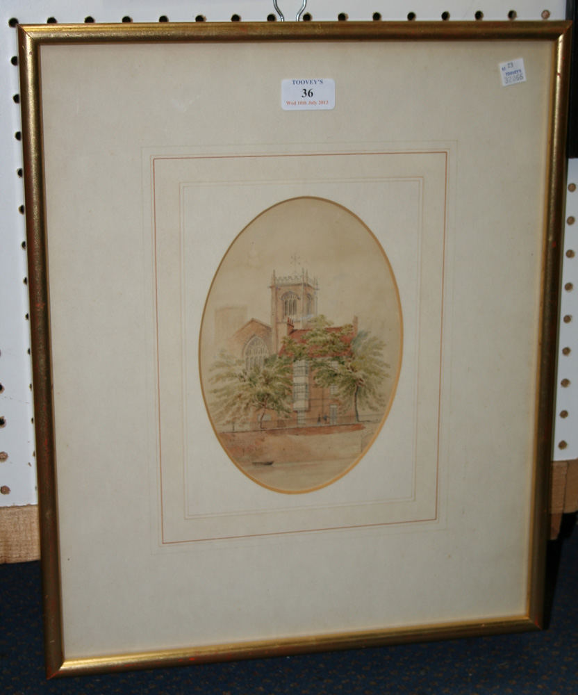 Attributed to Edwin Dolby - Oval View of Kingston, watercolour and pencil, approx 21.5cm x 14.5cm,