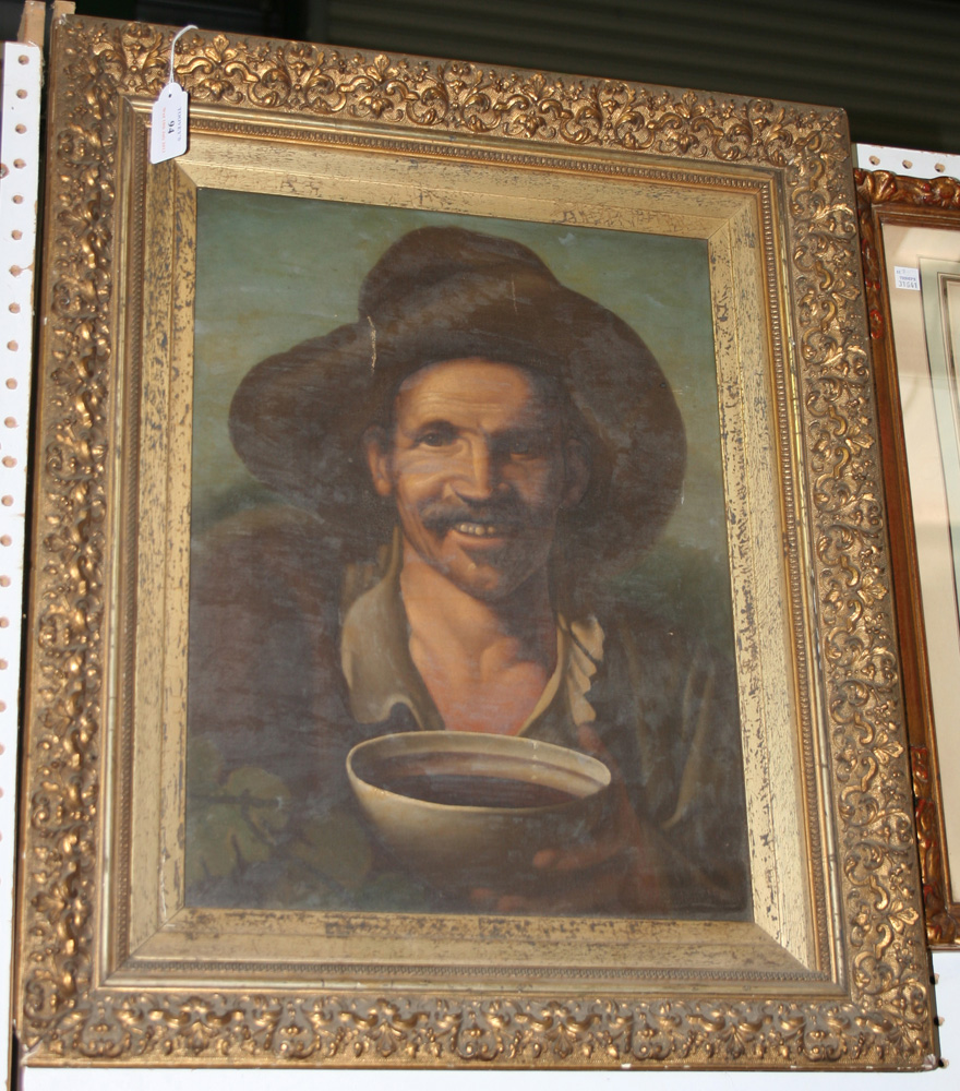 After Valesquez - Peasant Farmer holding a Bowl, oil on canvas, approx 46cm x 34cm, within a gilt