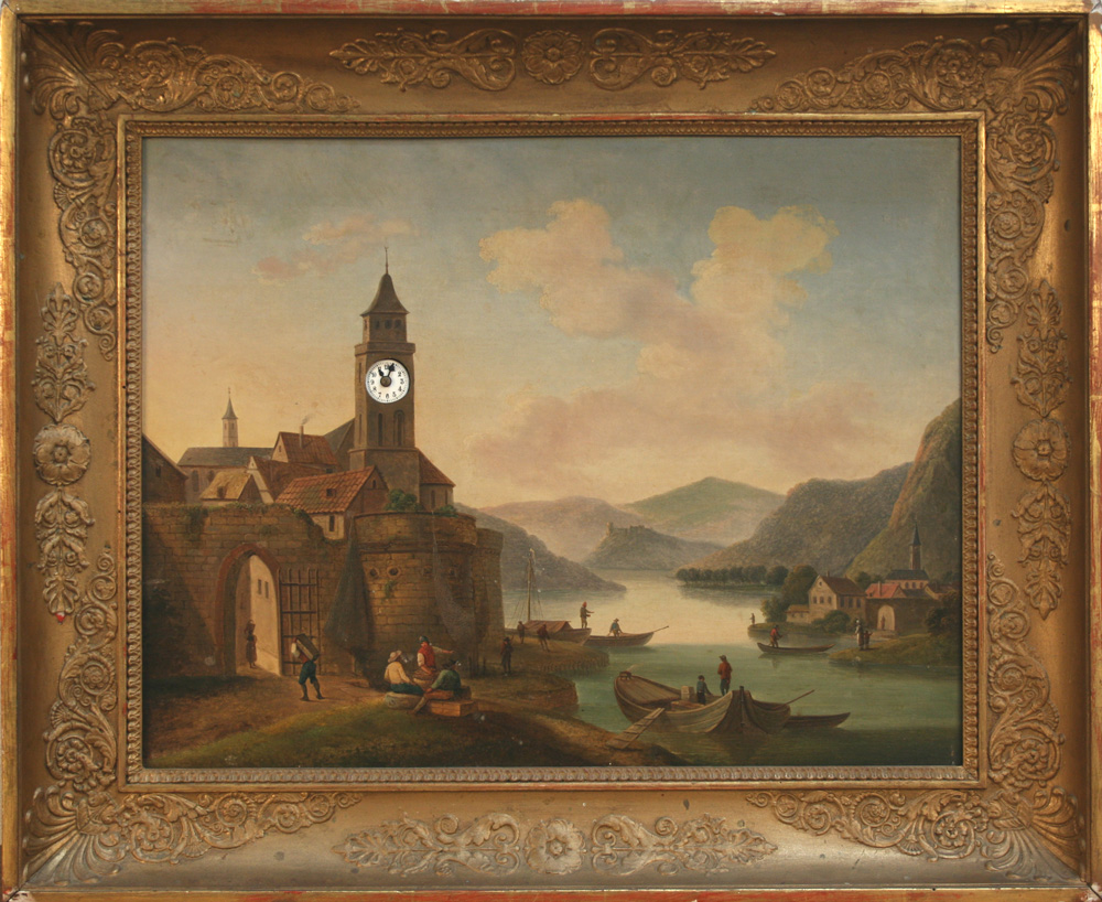 A 19th Century picture clock with eight day movement striking on a gong, the oil on canvas depicting