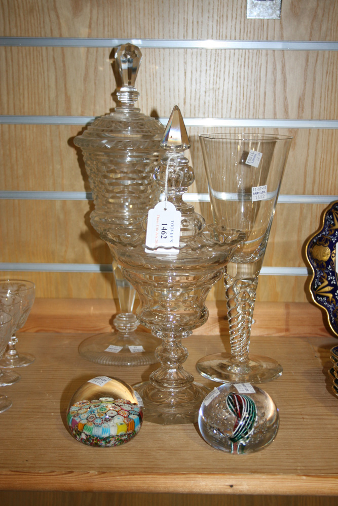 A cut glass bonbon jar and cover, late 19th Century, with facet cut decoration, together with a