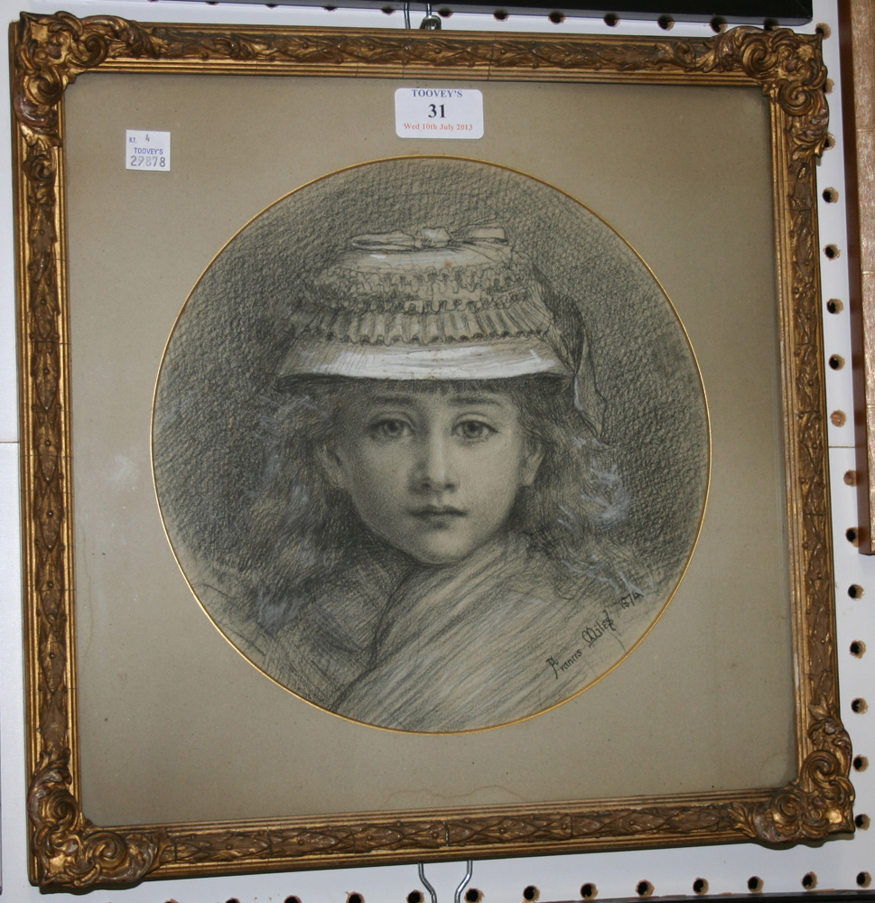 Francis Miles - Tondo Head and Shoulders Portrait of a Girl wearing a Hat, charcoal and chalk,