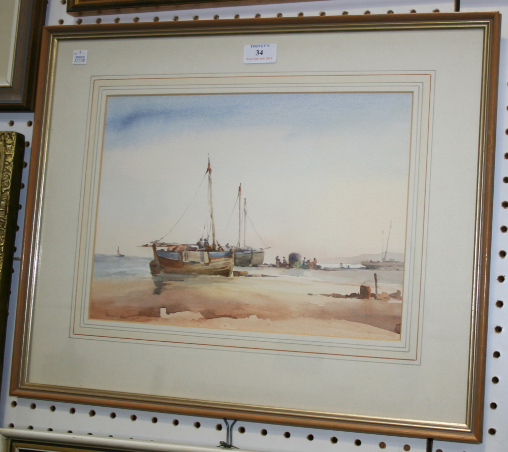 Francis Leke - Coastal View with Beached Boats, watercolour, signed, approx 25.5cm x 35cm.