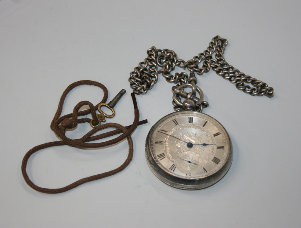 A silver cased open-faced gentleman`s pocket watch, the engraved silvered dial with black Roman
