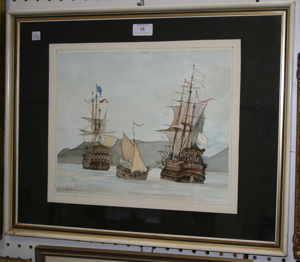 Geoffrey Marsh - Men-o`-war in Coastal Waters, watercolour and ink, signed, together with another