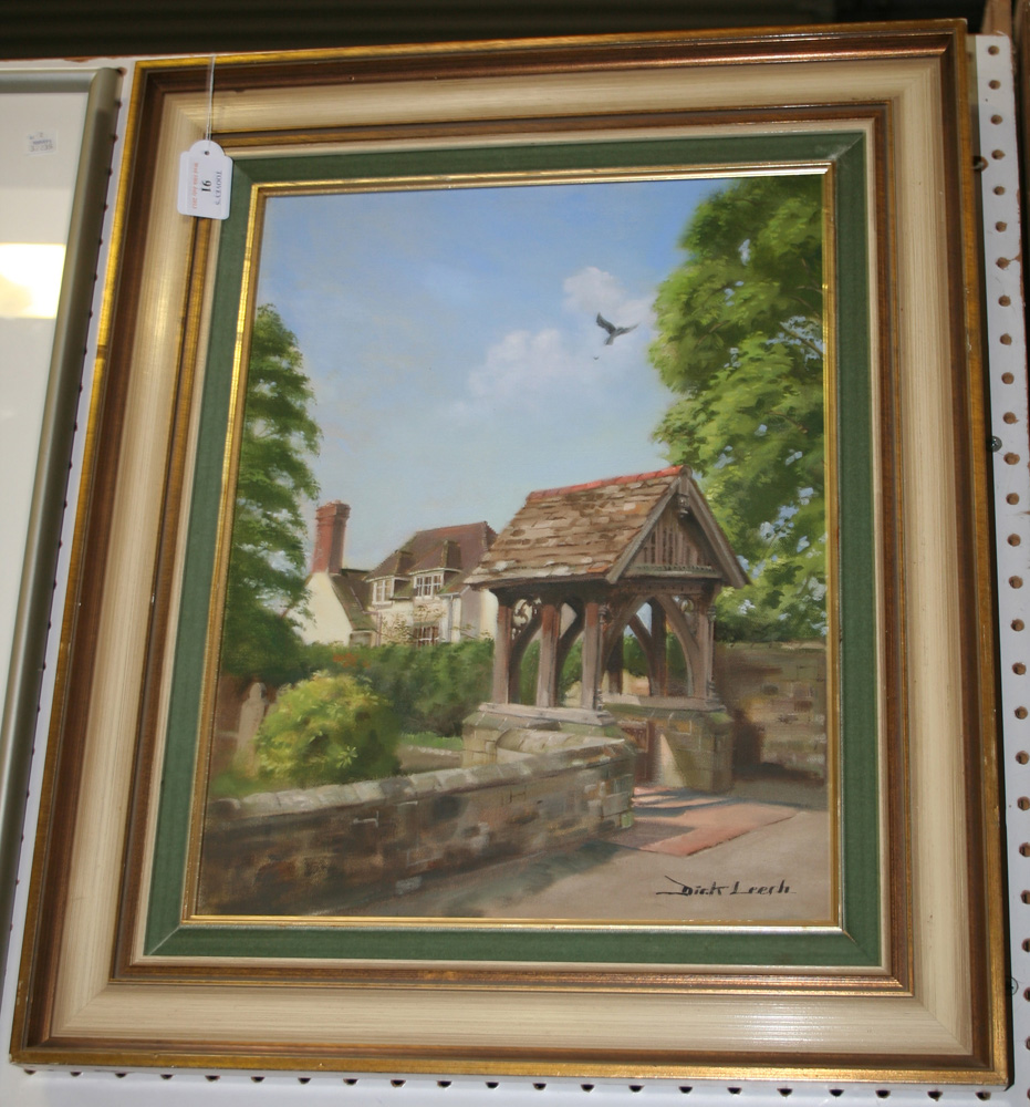 Dick Leech - `Lych Gate & Old Rectory, Slaugham`, late 20th Century oil on canvas, signed recto,