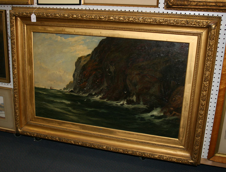 Sinclair, 19th Century British School - Coastal Landscape with Cliffs, Gulls and Shipping, oil on