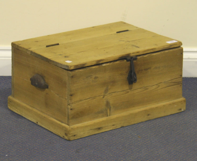 A late 19th Century pine trunk, the hinged lid above applied cast metal handles, on a plinth base,