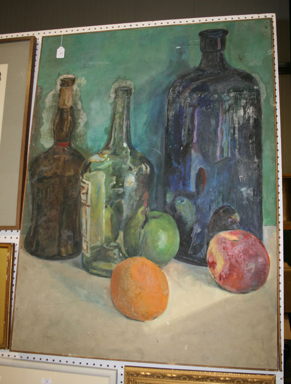 20th Century British School - Still Life Study of Bottles and Fruit, oil on board, approx 123cm x