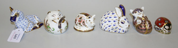Six Royal Crown Derby Japan pattern paperweights, comprising a ladybird, a lamb, a piglet, a