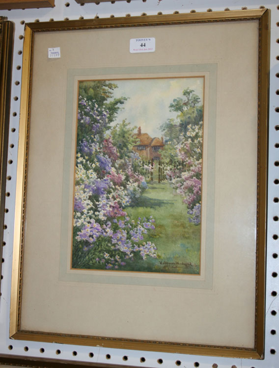 V. Spencer Woodward - View of a House with a Garden in Bloom, watercolour, signed, approx 27.5cm x