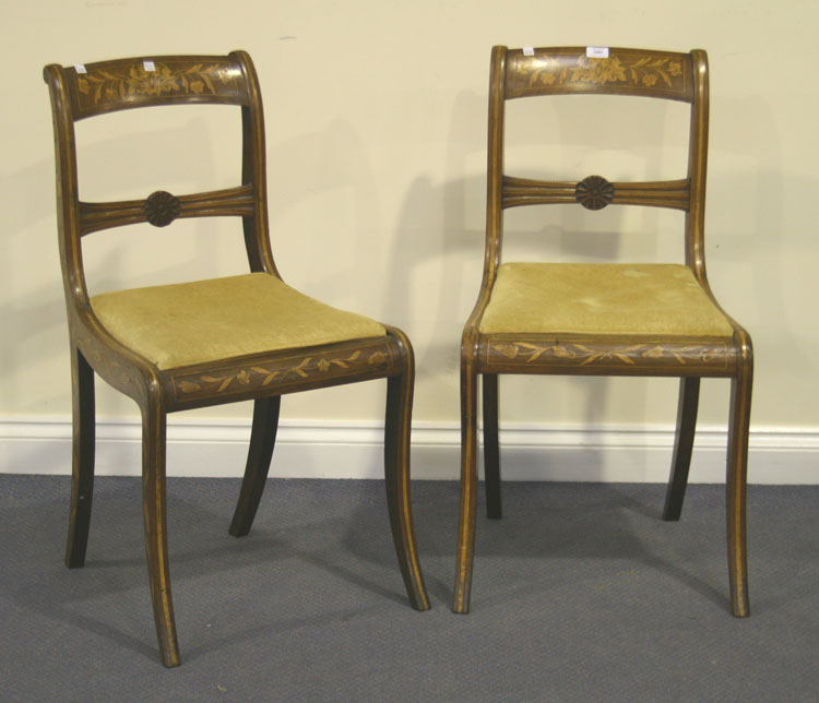 A pair of early 19th Century Dutch marquetry bar back dining chairs with floral inlaid decoration,