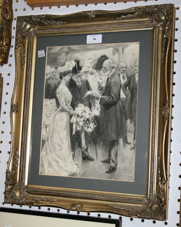 Michael - Illustration with King Edward VII and Alexandra of Denmark, monochrome watercolour, signed