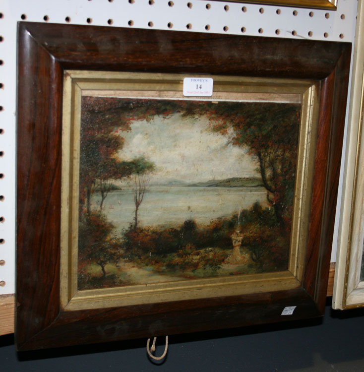 19th Century British School - View of a Continental Lake, oil on board, approx 23cm x 29cm, within a