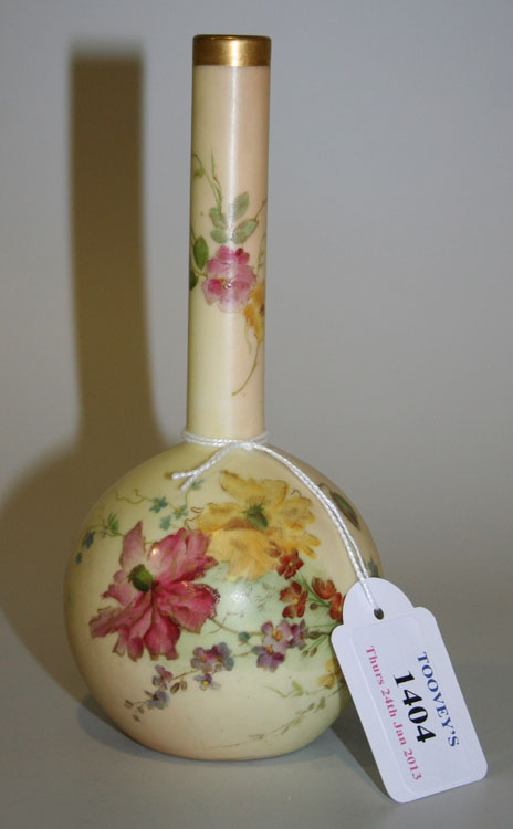 A Royal Worcester porcelain blush ivory drumstick vase, circa 1896, decorated with gilt enriched