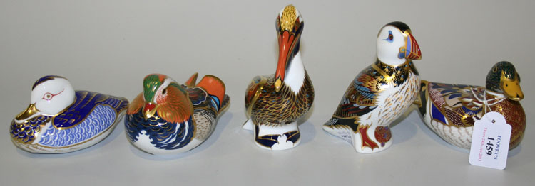 Five Royal Crown Derby Japan pattern paperweights, comprising a puffin, a duck, a mallard duck, a
