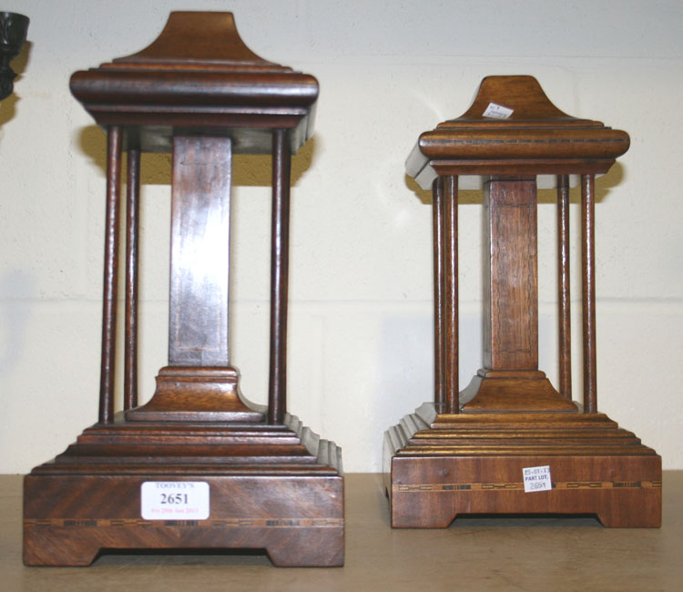 A near pair of Edwardian mahogany table lamp bases with chequer stringing, on bracket feet,