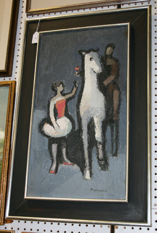 Hugh Mackinnon - `Circus`, mid-20th Century oil on board, signed recto, inscribed and titled