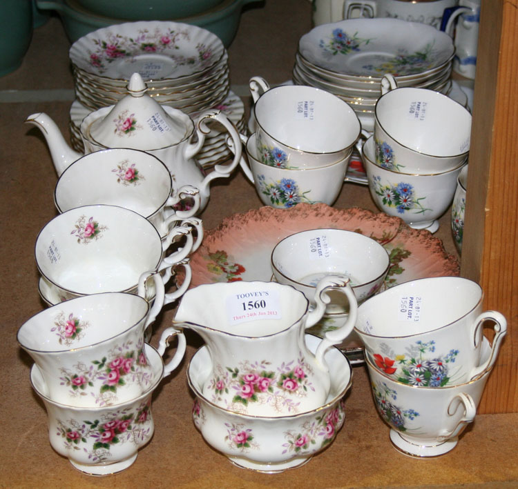 A Royal Albert `Lavender Rose` pattern part tea service, comprising a small teapot and cover, six