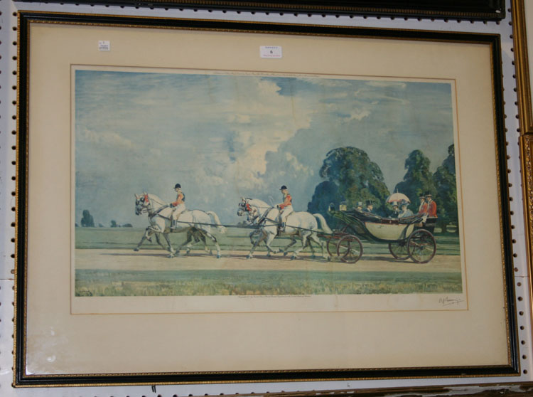 After Alfred J. Munnings - View of the Royal Coach on Derby Day, 20th Century colour print, signed