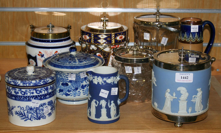 A Wedgwood pale blue jasper dip biscuit barrel with plated cover and mounts, late 19th/early 20th