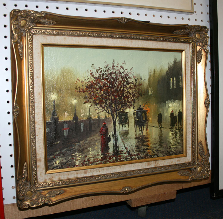 John Bampfield - View of a Rainy Street, 20th Century oil on canvas, signed, approx 29cm x 39cm,