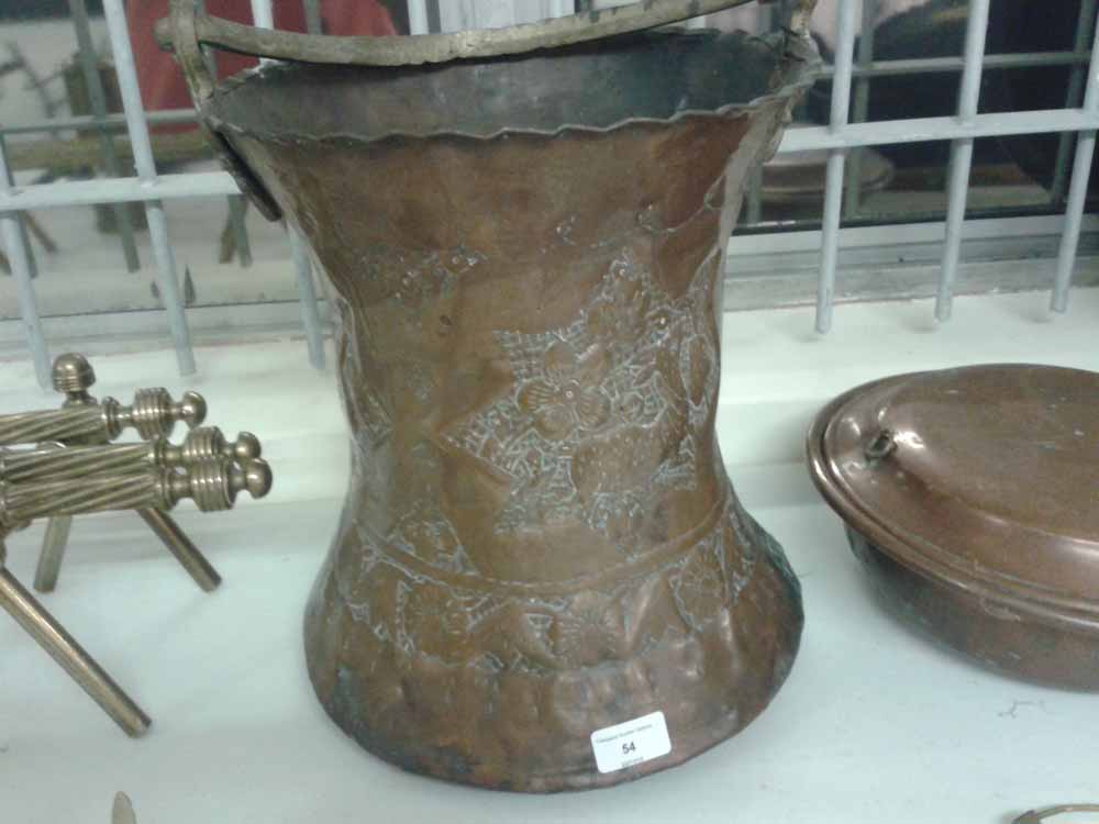 Copper pail with animal and flower design, height 35cm