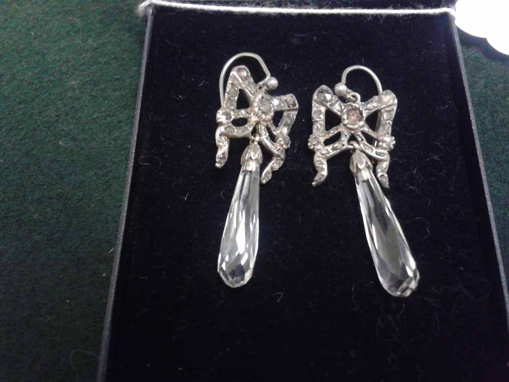 A pair of Georgian earings set with diamonds and replacement cut glass drops